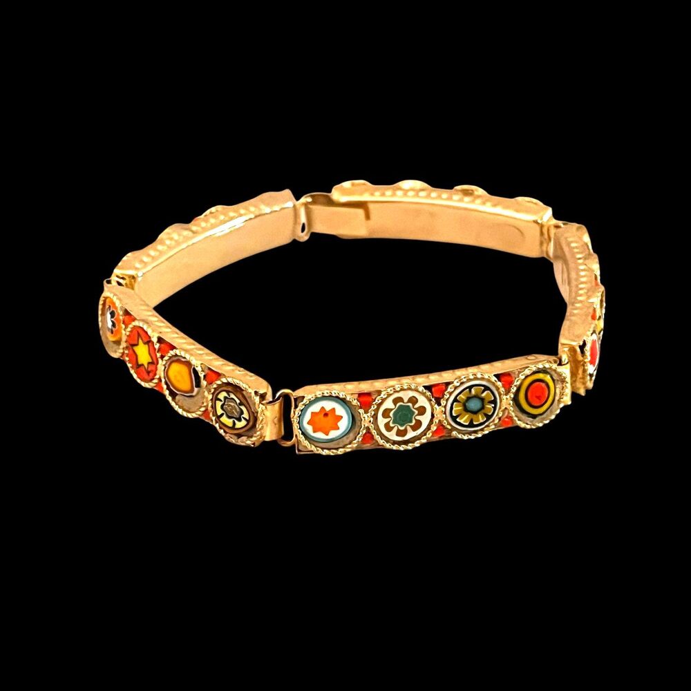 Vintage 1960s Murano Glass Bracelet Millefiori Gold Tone Panel - 5N